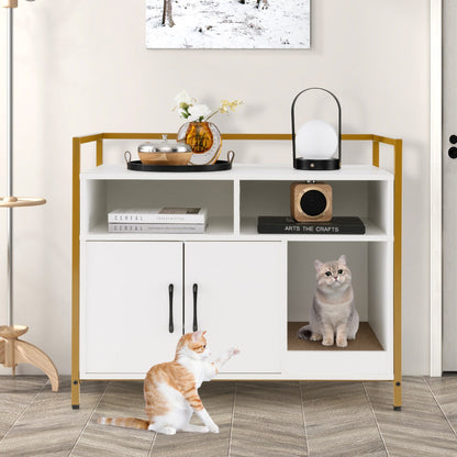 NNECW Cat Litter Box Enclosure With Double Doors And Scratch Cardboard White Finish