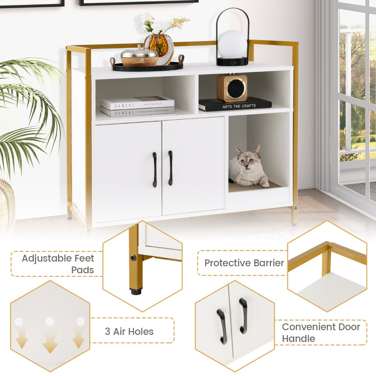 NNECW Cat Litter Box Enclosure With Double Doors And Scratch Cardboard White Finish