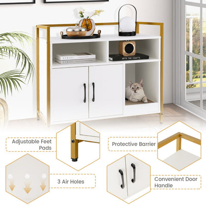 NNECW Cat Litter Box Enclosure With Double Doors And Scratch Cardboard White Finish