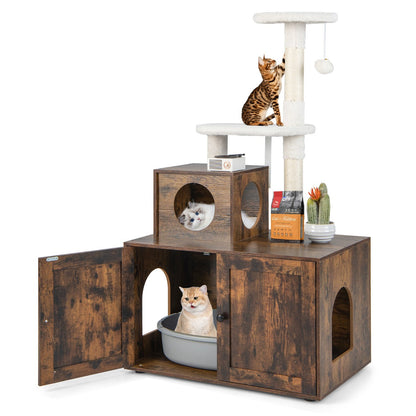 2 In 1 Cat Tree With Litter Box Enclosure And Sisal Scratching Posts Brown Durable Modern Pet Furniture