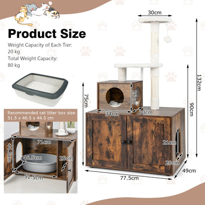 2 In 1 Cat Tree With Litter Box Enclosure And Sisal Scratching Posts Brown Durable Modern Pet Furniture