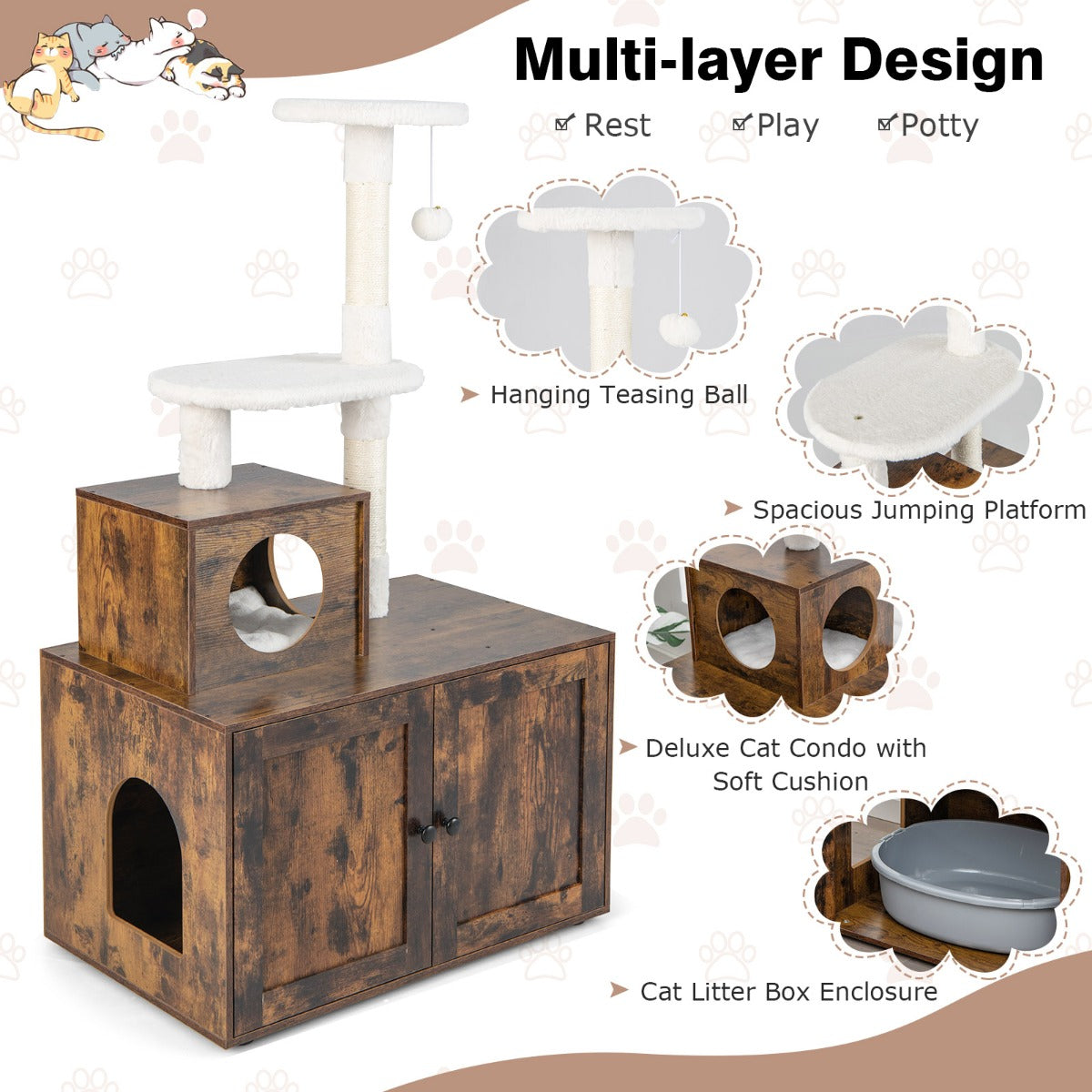 2 In 1 Cat Tree With Litter Box Enclosure And Sisal Scratching Posts Brown Durable Modern Pet Furniture