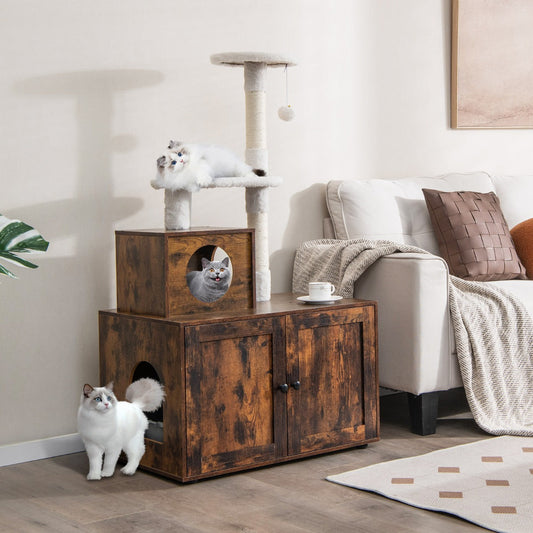 2 In 1 Cat Tree With Litter Box Enclosure And Sisal Scratching Posts Brown Durable Modern Pet Furniture