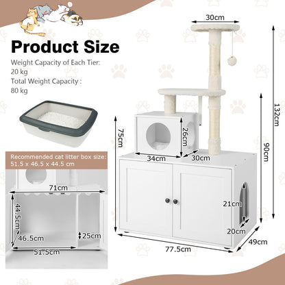NNECW 2-In-1 Cat Tree With Litter Box Enclosure And Sisal Scratching Posts White Compact
