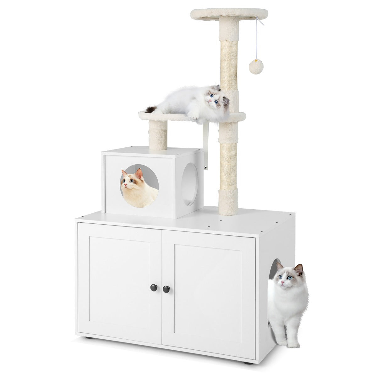 NNECW 2-In-1 Cat Tree With Litter Box Enclosure And Sisal Scratching Posts White Compact