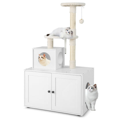 NNECW 2-In-1 Cat Tree With Litter Box Enclosure And Sisal Scratching Posts White Compact