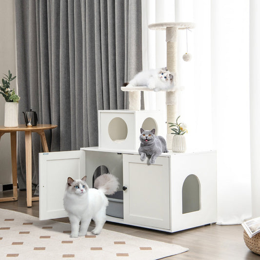 NNECW 2-In-1 Cat Tree With Litter Box Enclosure And Sisal Scratching Posts White Compact