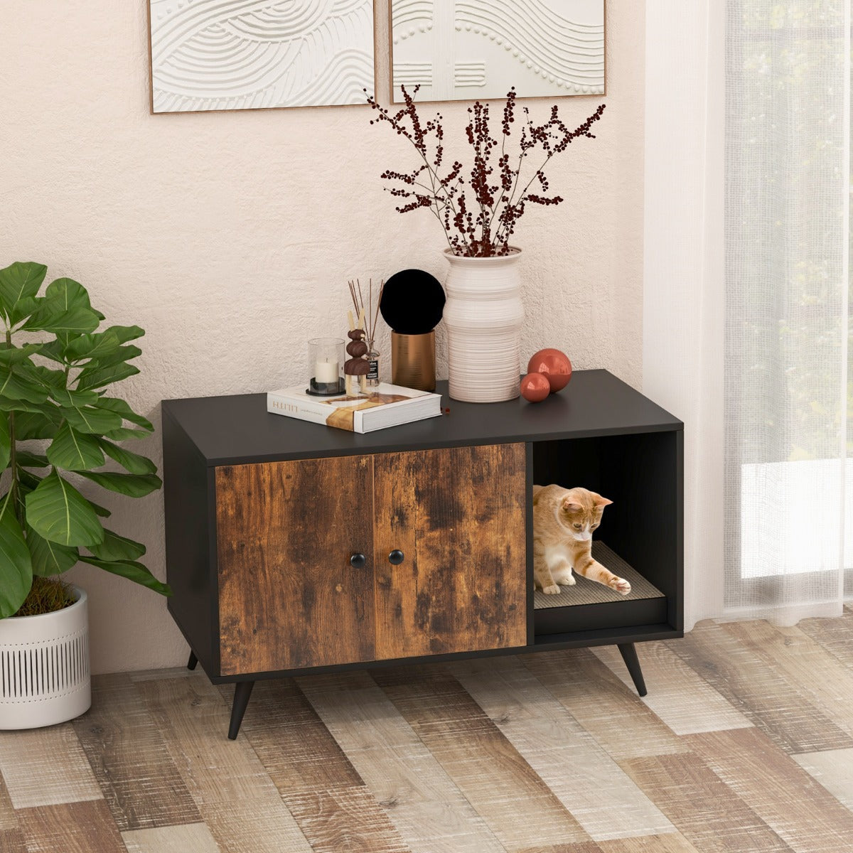 NNECW Modern Hidden Cat Litter Box Cabinet Enclosure For Indoor Cats With Double Doors And Odor Control